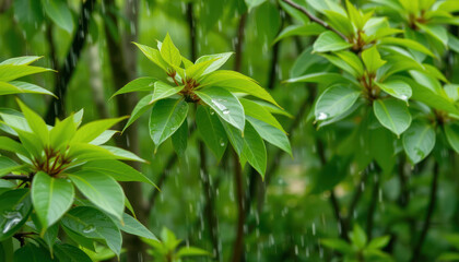 Obraz premium Fresh Green Leaves with Raindrops on Soft Background of Lush Foliage in a Rainy Atmosphere