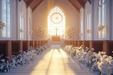 Sunlight streams through stained glass, illuminating a serene wedding chapel adorned with flowers and radiating a sense of romance and tranquility