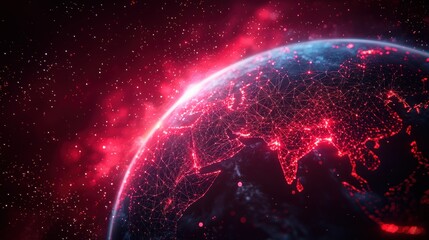Glowing planet Earth with network overlay in red space