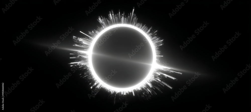 Poster abstract glowing circle design with radial light rays from the centre on a black background.