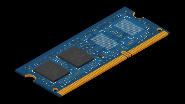 Isometric random access memory animation. RAM memory realistic 3d isometric. Computer hardware components. Transparent background with alpha channel