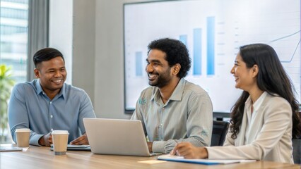Indian Professionals Smiling While Reviewing Business Presentation
