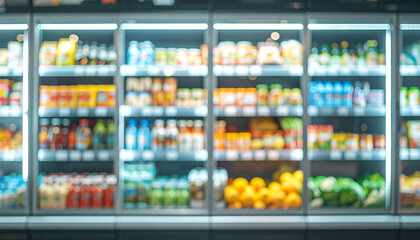 Blurred background of supermarket fridge with food products on shelves. Glass showcase.