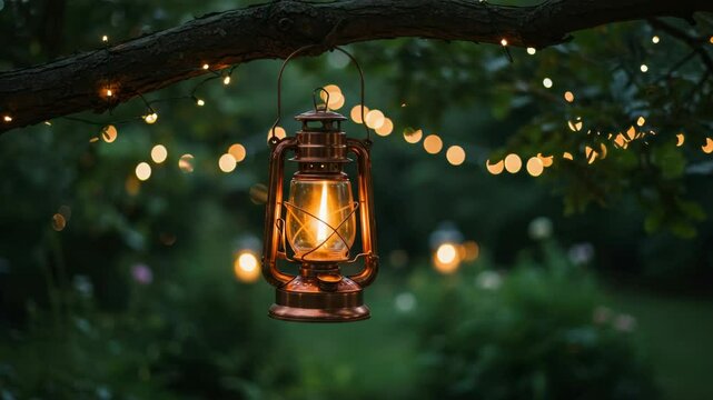 Illuminated Lantern Hanging from Tree Branch at Night - A copper lantern with a lit flame hangs from a tree branch adorned with fairy lights. The warm glow of the lantern contrasts beautifully with th