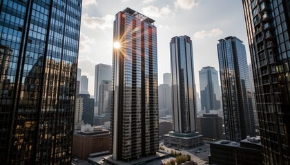 Obraz premium imagine a futuristic cityscape dominated by towering skyscrapers made of sleek, reflective glass and metal
