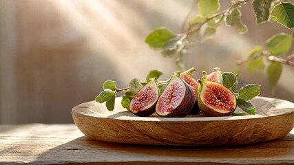 Sunlit fresh figs in rustic wooden bowl with morning light.