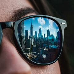 reflection of a big city in glasses