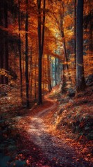 Autumnal forest path winding through vibrant foliage