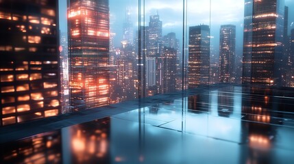 Glass platform with a vibrant cityscape reflection, perfect for showcasing modern products against an urban skyline backdrop.