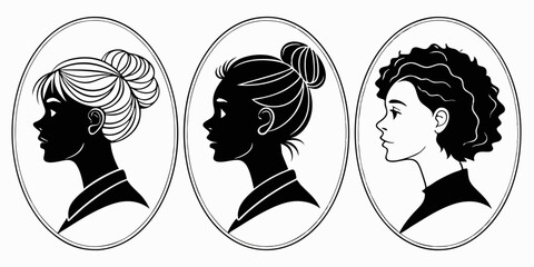 Elegant Woman Silhouettes Profile Portraits Bun Hairstyle Curly Hair Black and White Oval Frames Classic Style Female
