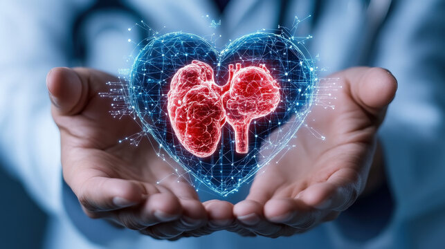 Digital heart and kidney hologram is held in hands, symbolizing integration of artificial intelligence in healthcare for advanced medical diagnostics and treatment