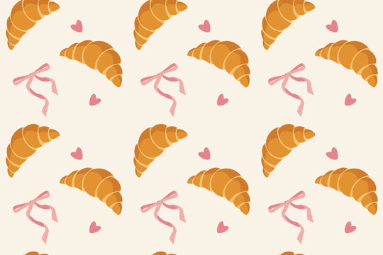 Croissant bakery and pastry seamless pattern. Bread roll, sweet goods and pink coquette bows with cute hearts for patterns, prints, wallpapers and product design. Hand drawn vector illustration.
