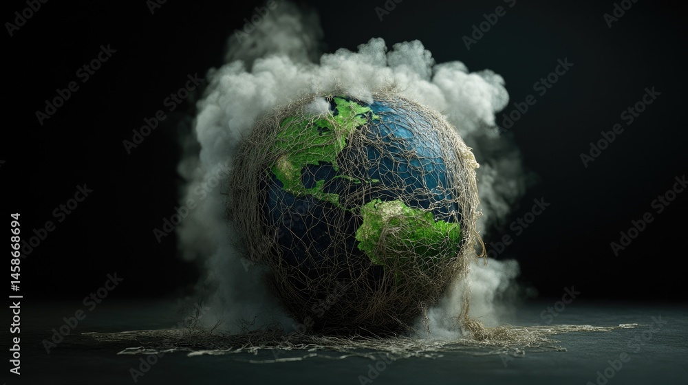 Aufkleber human-shaped earth tangled in synthetic netting and smog