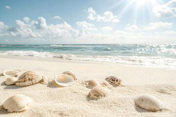 Shells scattered on sandy beach under sunny sky Generative AI