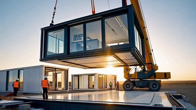 Modular House Being Assembled with Crane at Construction Site During Sunset