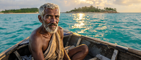 Elderly Moken Man in Traditional Boat at Sunset in the Mergui Archipelago