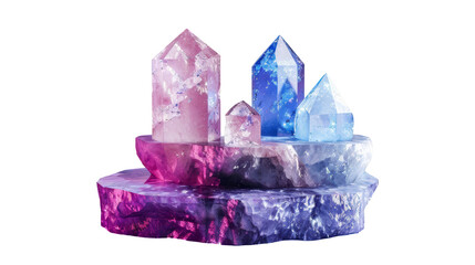 Pink and Blue Crystals on Gradient Podium Isolated on Transparent Background
