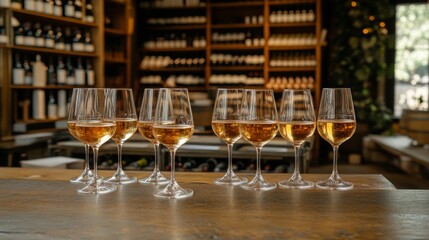 Wine Tasting Experience Sparkling Wine in a Row on a Wooden Table with Wine Cellar Background