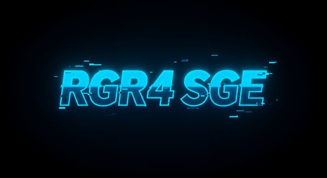 Glowing RGR4 SGE Text with Glitch Effects on Dark Background