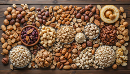 Obraz premium Assorted Nuts and Seeds Spread on Wooden Table with Variety of Textures and Colors for Healthy Snacking and Culinary Uses