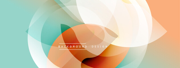 Abstract design features layered shapes, soft colors. Gradient blends create dynamic visual effect. Modern, clean aesthetic.