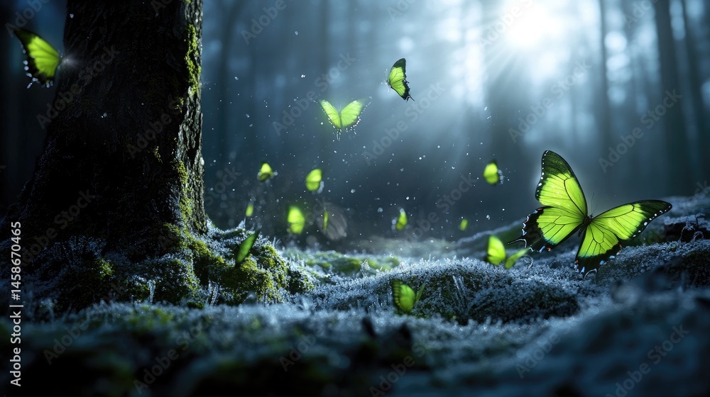 Poster mystical scene of butterflies glowing in a quiet, frost-covered forest