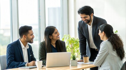 Indian Professionals in Relaxed Team Discussion at Standing Desk
