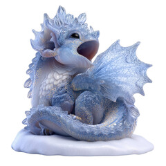 Adorable Baby Ice Dragon Figurine Sitting on Snow Fantasy Creature 3D Render