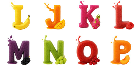 Colorful fruit juice letters I to P with realistic textures : Letters I, J, K, L, M, N, O, and P