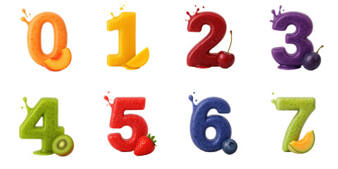 Colorful fruit juice numbers from 0 to 7 with realistic textures : Numbers 0, 1, 2, 3, 4, 5, 6, and 7 