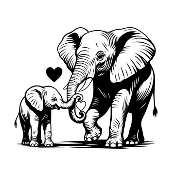 Elefanten Mama mit Baby Liebe Muttertag. Vektor einer Elefanten-Mama mit Baby, verbunden durch einen R&uuml;sselgru&szlig; und ein Herz. Ideal als Muttertagsmotiv oder Symbol f&uuml;r Familie und Zusammenhalt.