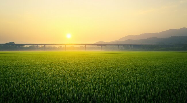 Sunrise over a vast rice paddy field with a hazy bridge in the distance - Powered by Adobe