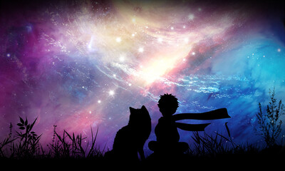 Little boy with dog sitting together. Silhouette art