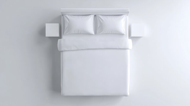 Minimalist white bed mockup top view bedding pillows and side tables