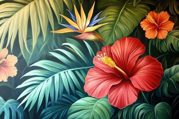 Fototapeta premium Vibrant tropical flowers and foliage in a decorative design.