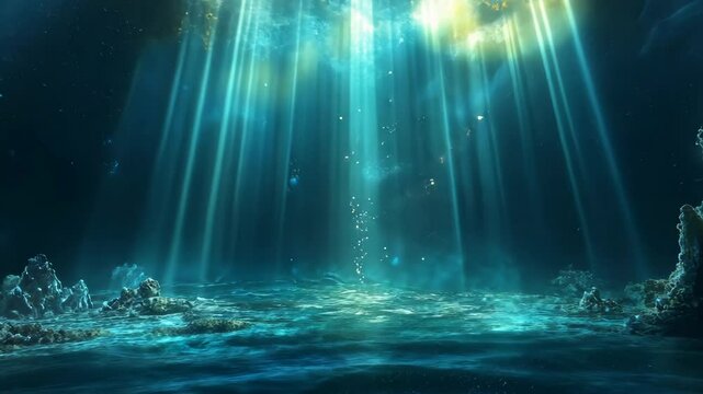 Underwater scene with light beams, particles, and seabed