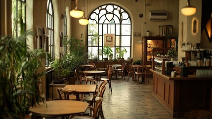 Cozy cafe in a former chapel with a peaceful, spiritual atmosphere..