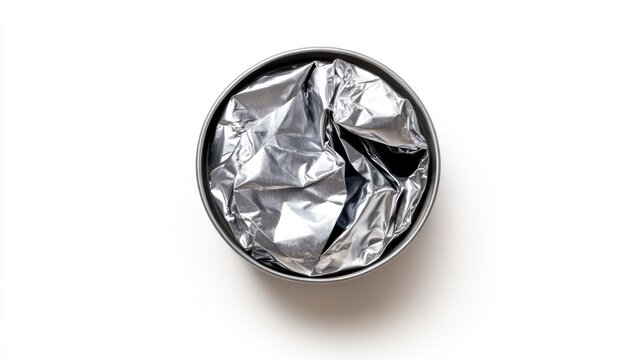 Open metal can with crumpled foil liner