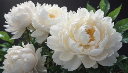 Creamy white peonies, dew-kissed petals, vibrant leaves ,  flora,  white peony