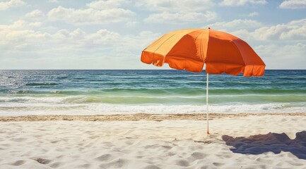 Orange beach umbrella on sandy shore, ocean breeze