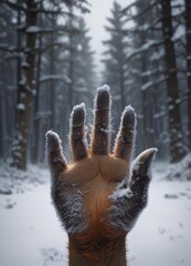 Single fox paw impression, pristine snow, dark forest background ,  contrast,  woods