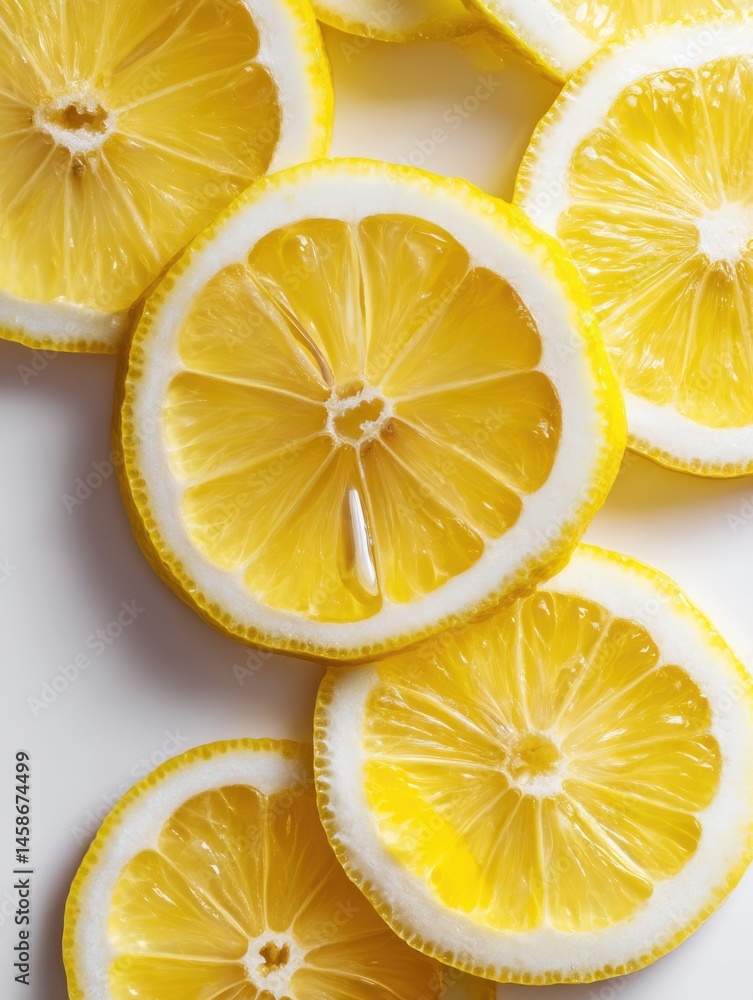 Poster bright lemon slices arranged artistically on a clean white background for a refreshing visual effect