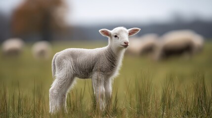 Fototapeta premium Young lamb standing in a grassy field with other sheep grazing in the background during daytime in a rural area