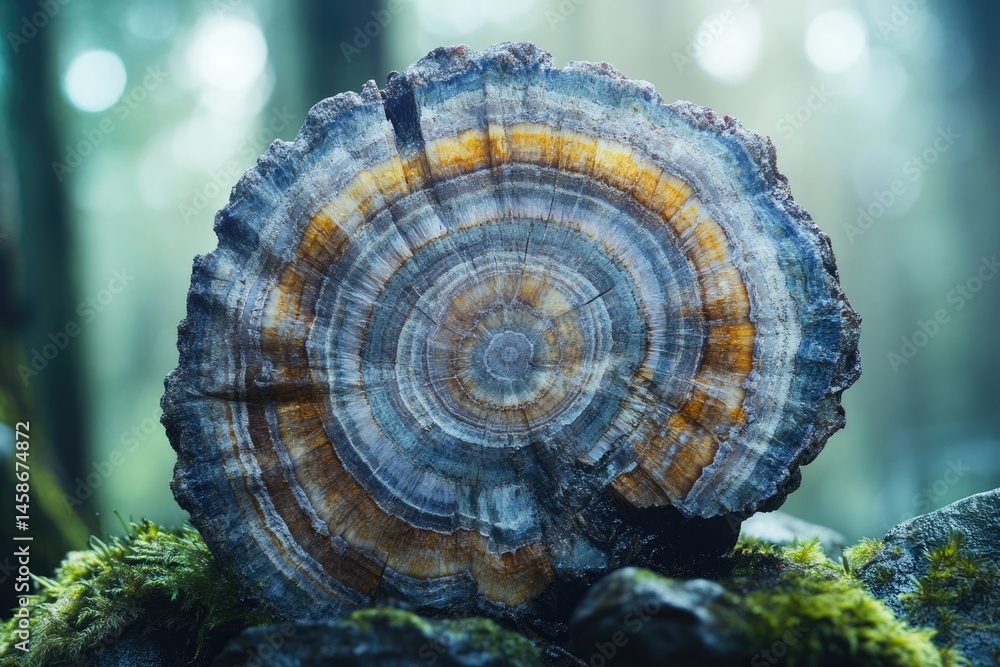 Poster a mesmerizing cross-section of a tree trunk revealing concentric rings of vibrant colors and texture