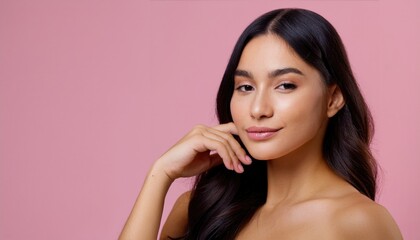  Latin woman with radiant skin and soft makeup gently touches her cheek in this close-up portrait against a pink background