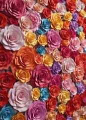 Colorful paper rose wall, various sizes & hues,  vibrant,  cheerful