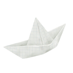 Naklejka premium A folded paper boat from a piece of school notebook. Watercolor illustration. A children's toy made of paper, isolated on a white background. The theme of childhood, dreams, travel, freedom.
