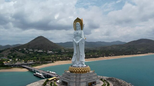 Sanya, China : Visiting the Largest and gracious statue of Goddest Guannyin in Sanya City, Hainan Island top view from above