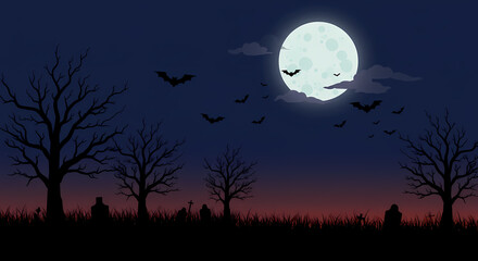Spooky Halloween Night Background: Full Moon, Bats, and Trees