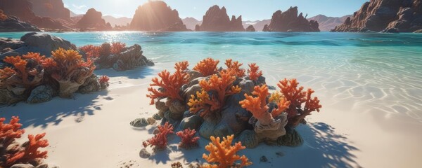 Crystal clear water reveals sun-dappled sandy bottom and colorful coral formations , sun, colors